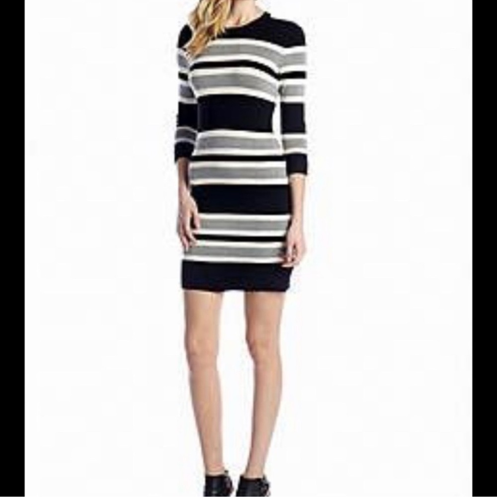 French Connection Black and White Striped Long Sleeve Dress